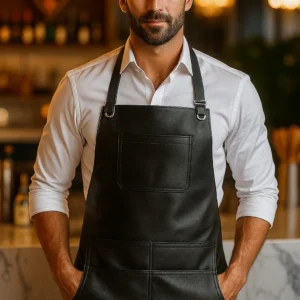 black leather barber apron worn by men