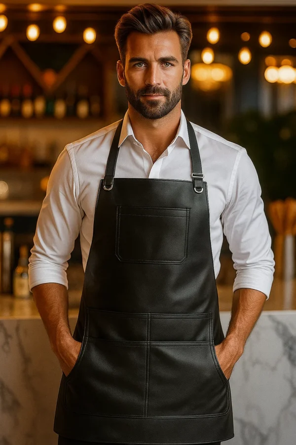 black leather barber apron worn by men
