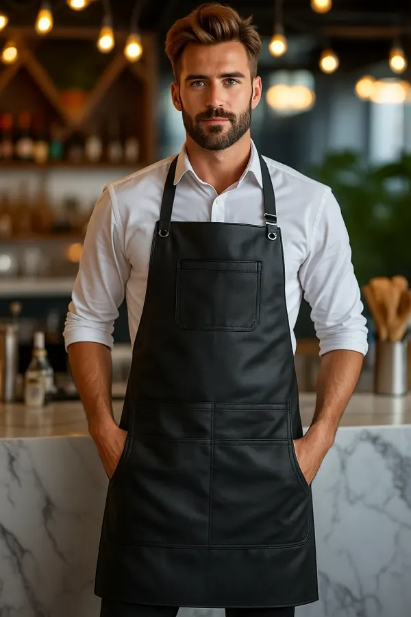 black leather barber apron worn by men