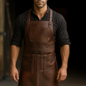 brown blacksmithing apron worn by a model
