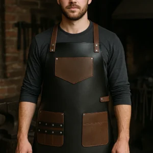 a model wearing leather woodworking apron