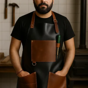 a male woodworker wearing premium apron
