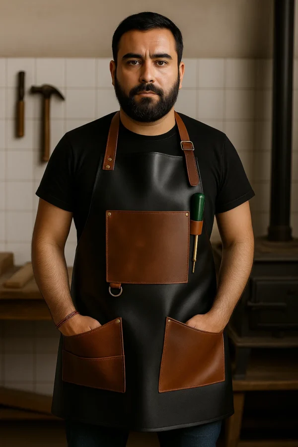 a male woodworker wearing premium apron
