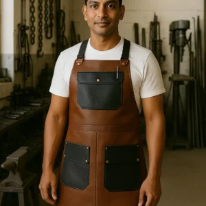 blacksmith wearing leather apron in forge