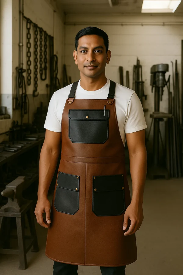 blacksmith wearing leather apron in forge