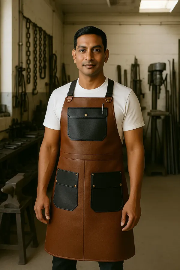 blacksmith wearing leather apron in forge