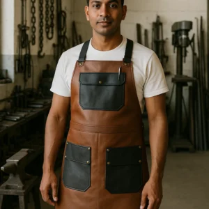 leather blacksmithing apron in dual tone worn by young blacksmith