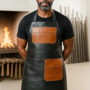 a blacksmith wearing dual tone apron in leather