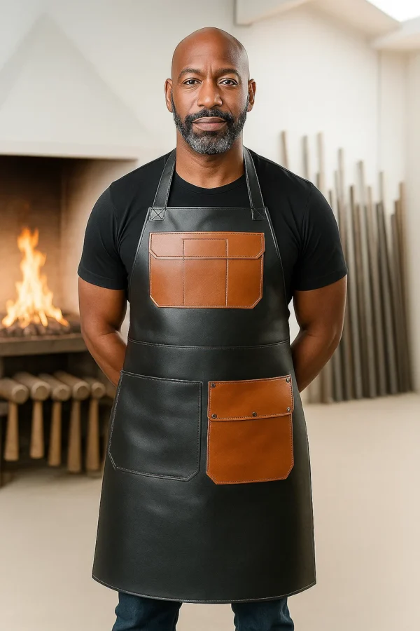 a blacksmith wearing dual tone apron in leather