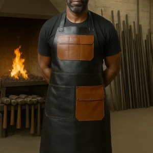 a young blackmisth wearing dual tone leather apron