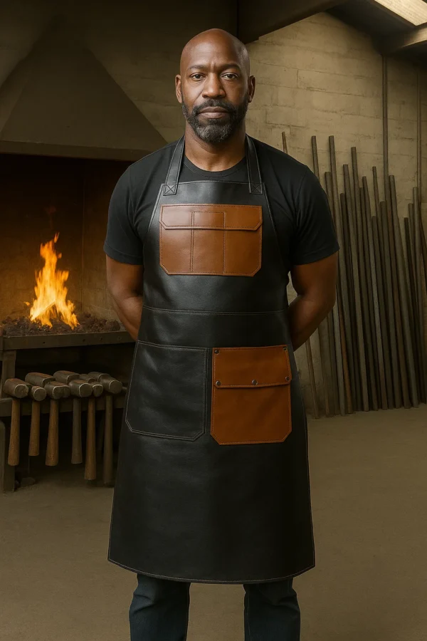 a young blackmisth wearing dual tone leather apron