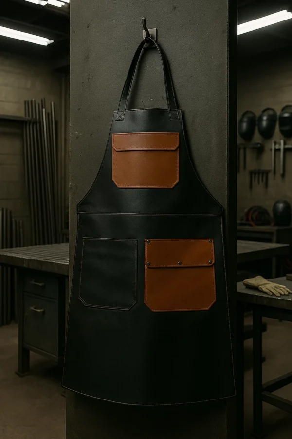 dual tone leather apron resting in welding station