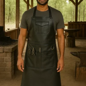 a blacksmith wearing black leather forge apron