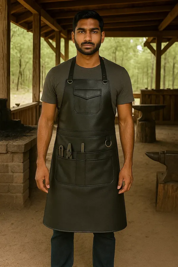 a blacksmith wearing black leather forge apron