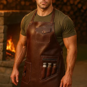 a model with brown leather apron