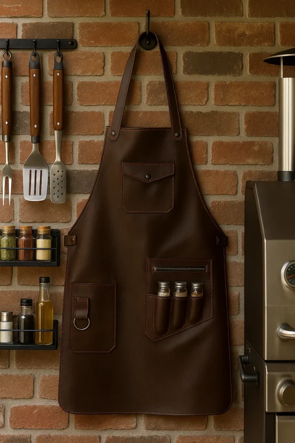 front side of the brown leather bbq apron