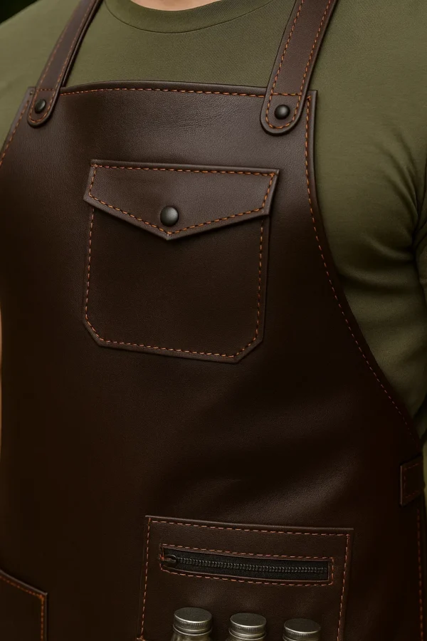 finely stitched poxket of the brown leather bbq apron