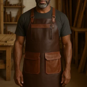 a mature man wearing dual tone leather workshop apron