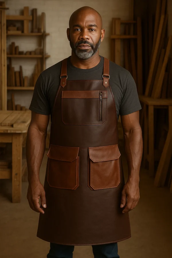 a mature man wearing dual tone leather workshop apron