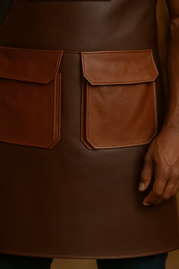 closeup pocket of the dual tone leather workshop apron