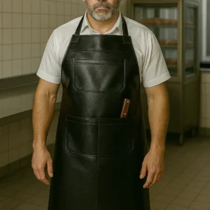 a mid age man wearing leather meat apron
