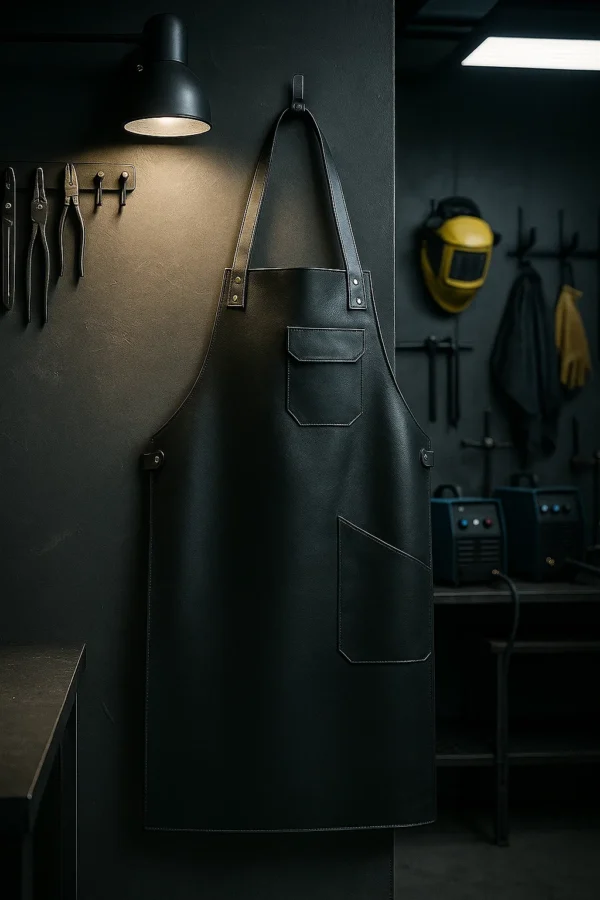 leather apron for welders hung in a workshop
