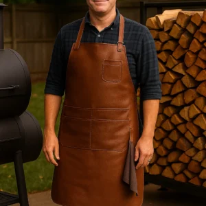 a man wearing grill leather apron