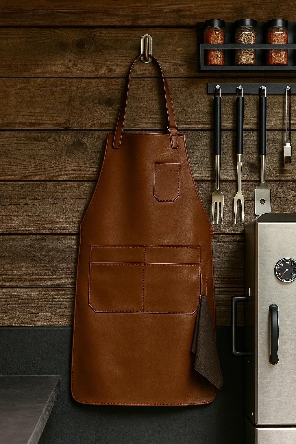 brown grill leather apron hung with bbq accessories