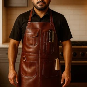 culinary leather apron worn by a young cook