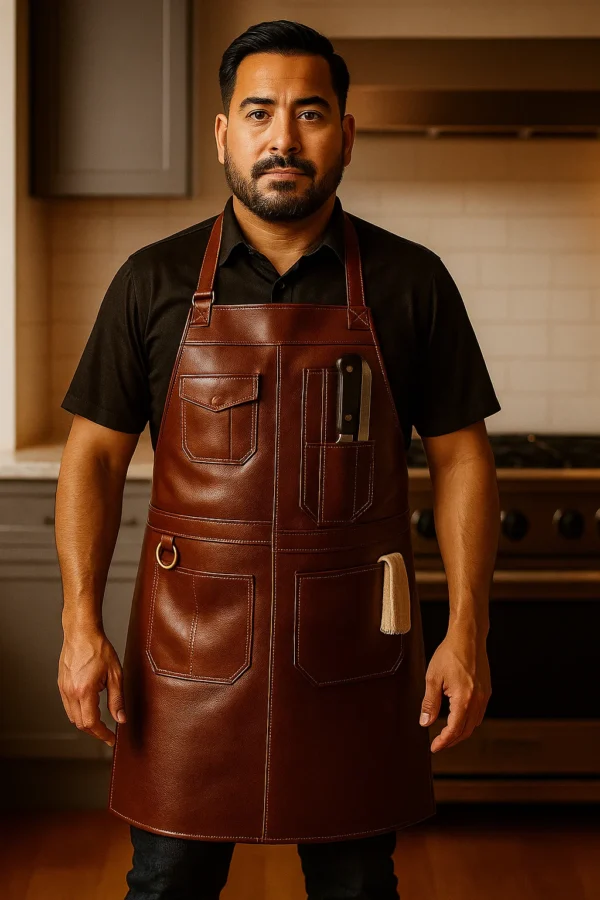 culinary leather apron worn by a young cook