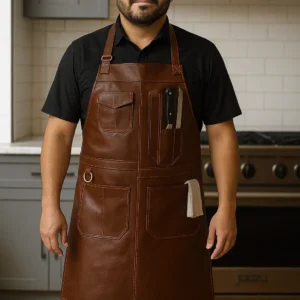 a leather apron for cooks worn by a cook