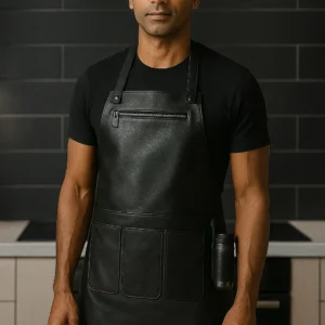 a young men wearing culinary apron in leather