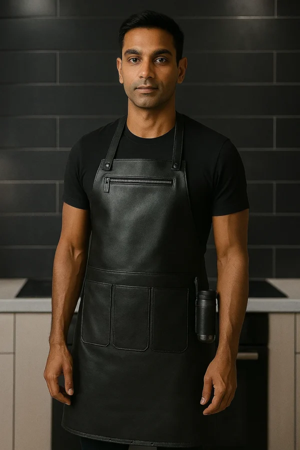 a young men wearing culinary apron in leather
