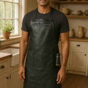 a jet black leather apron worn by young cook