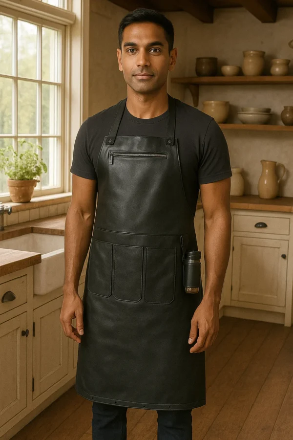 a jet black leather apron worn by young cook