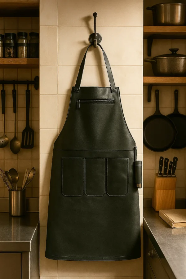 jet black leather apron hung in a kitchen