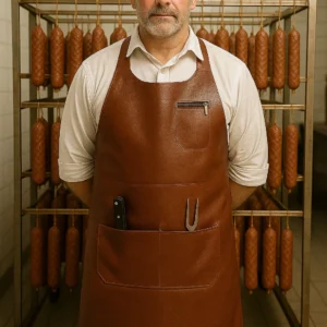 an old man wearing brown butcher apron in leather