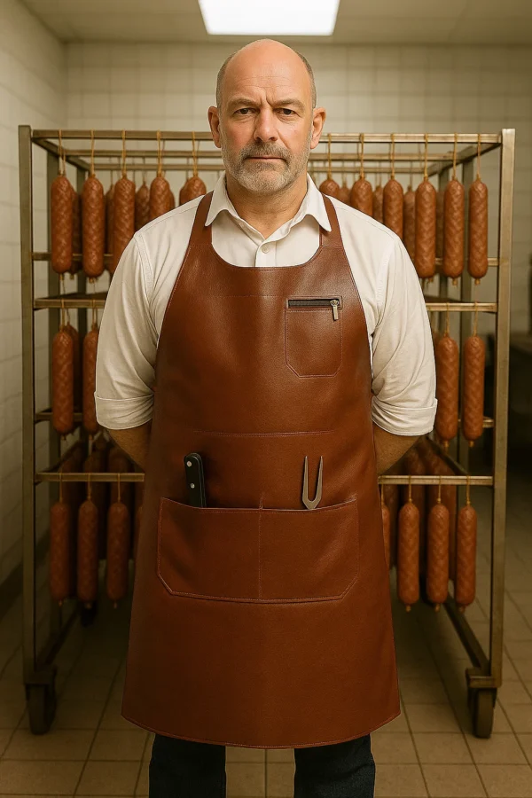 an old man wearing brown butcher apron in leather