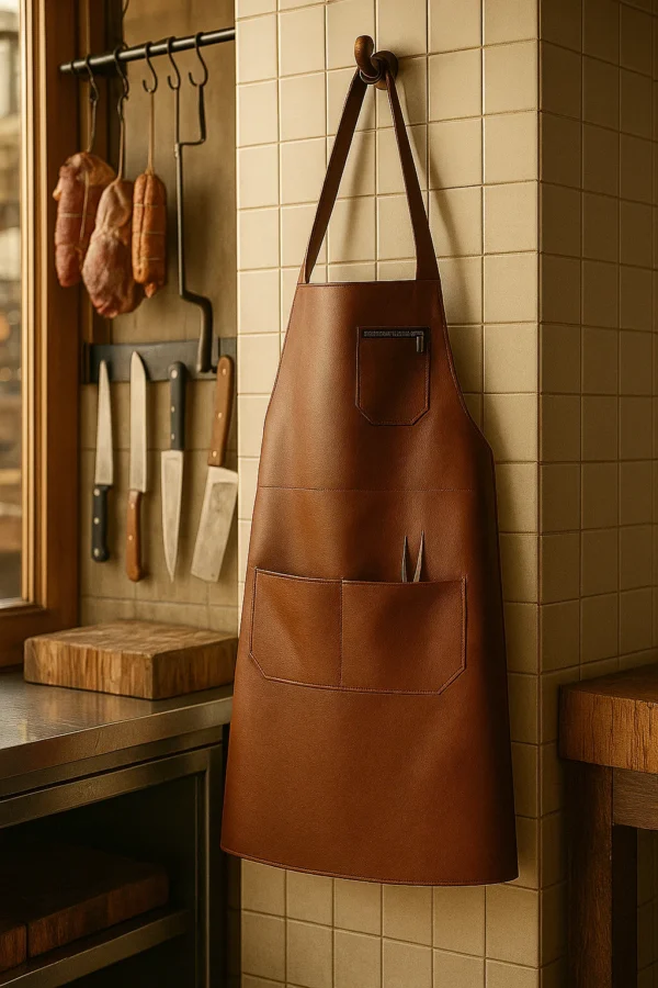 brown butcher apron in leather hung in a butchery shop