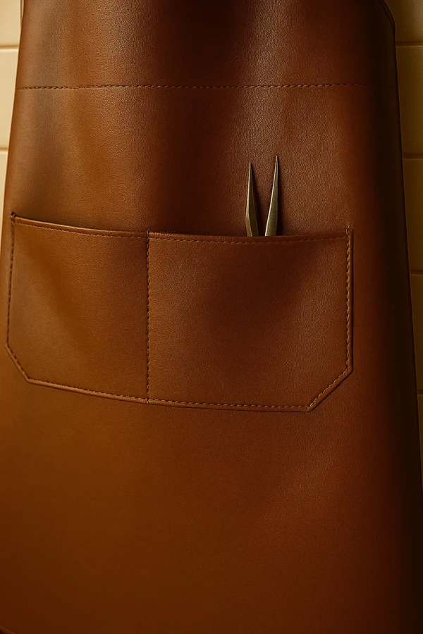 close up of the brown butcher apron in leather