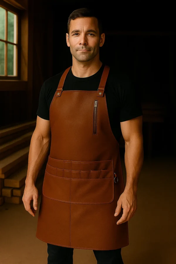leather carpentry apron worn by a young carpenter