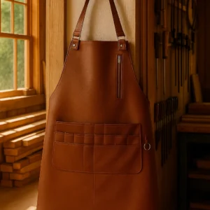leather carpentry apron hung in a workshop