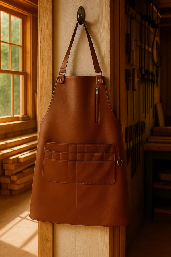 leather carpentry apron hung in a workshop
