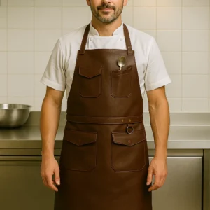 a leather apron in brown worn by a male cook