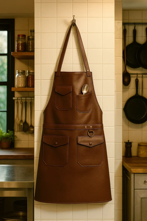 a leather apron in brown hung in a kitchen