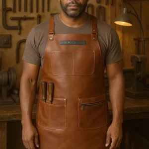 a carpenter wearing leather woodworker apron