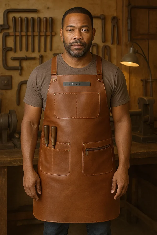 a carpenter wearing leather woodworker apron