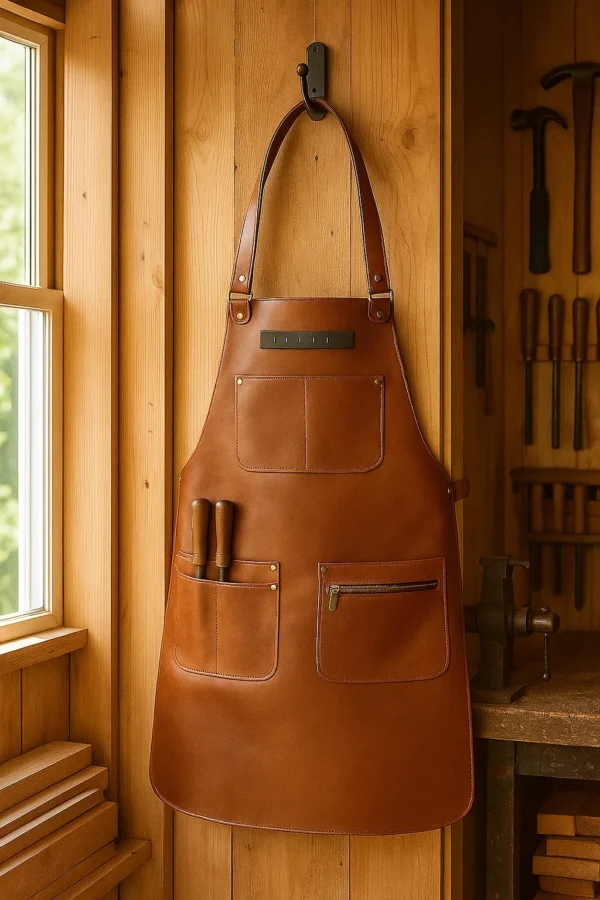 leather woodworker apron hung near window