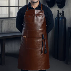 young blacksmith wearing leather welder apron