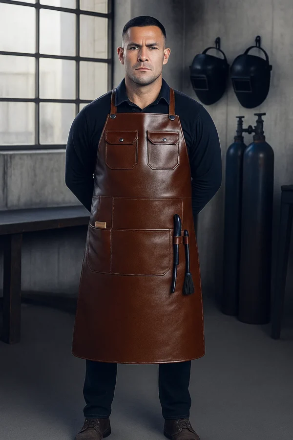 young blacksmith wearing leather welder apron